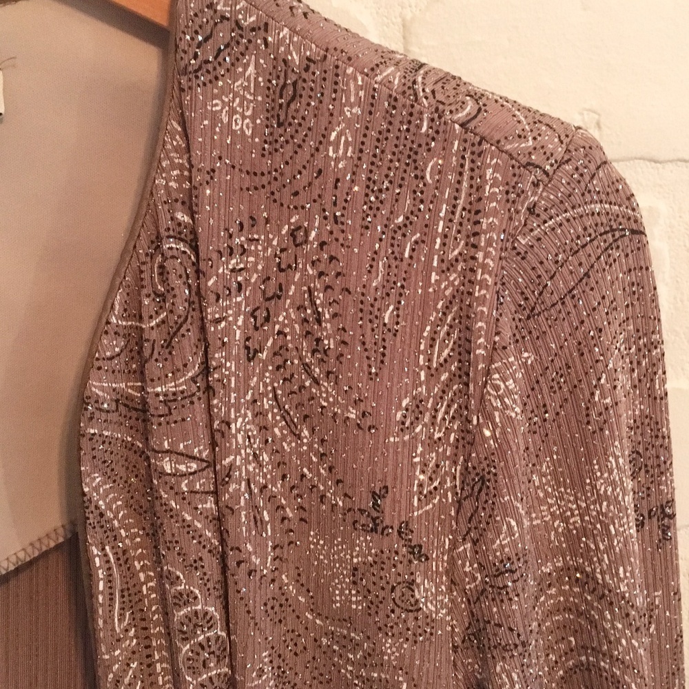 Vintage Formal Cardigan Fairy Bolero Slinky knit Sequin Paisley Taupe Silver L - Picture 5 of 10